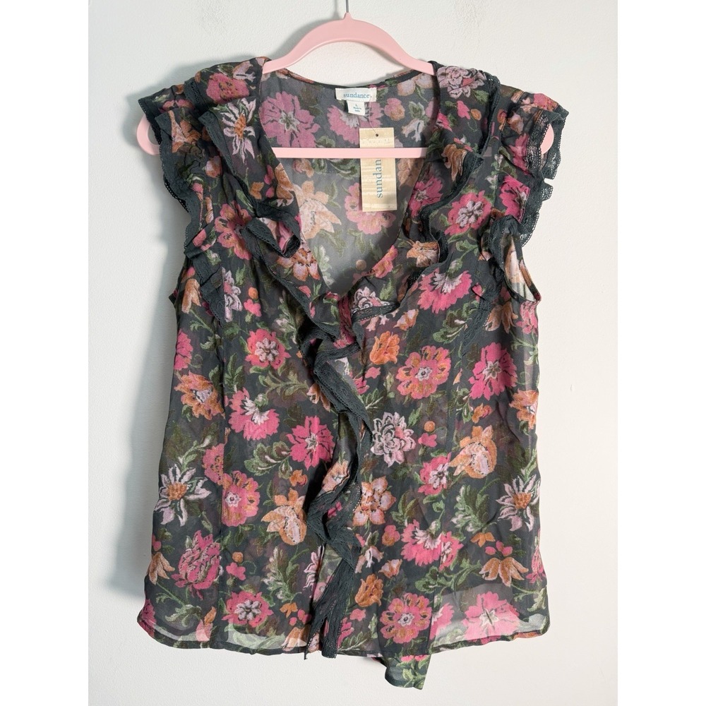 Sundance Mirada Top Ruffle Green Floral Flutter V-Neck Blouse Lace Cami New